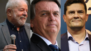 Montagem com fotos de Lula, Bolsonaro e Moro