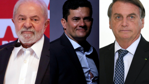 Montagem com fotos de Lula, Moro e Bolsonaro