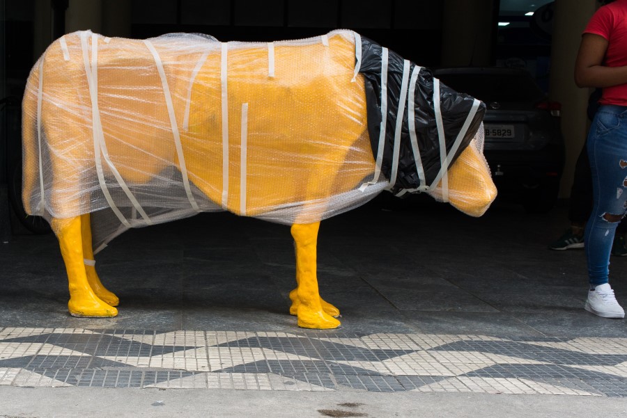 A escultura de uma vaca magra amarela envolta de plástico após ser retirada da frente da Bolsa de Valores