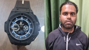 montagem com foto de relógio roubado e do homem que roubou relógio na india