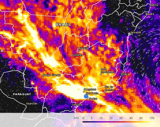 Mapa do acumulado de chuva previsto no Sudeste e Centro-Oeste do Brasil no dia 31/01/2022