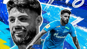Arte do Zenit em que o azul predomina e mostra uma foto do rosto de Yuri Alberto e outra dele com o uniforme do clube