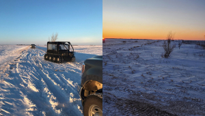 Tratores da Polícia Real de Montana na neve em busca de uma família desaparecida