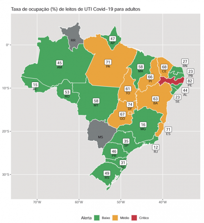 Mapa do Brasil com taxa de ocupação de leitos de UTI para adultos
