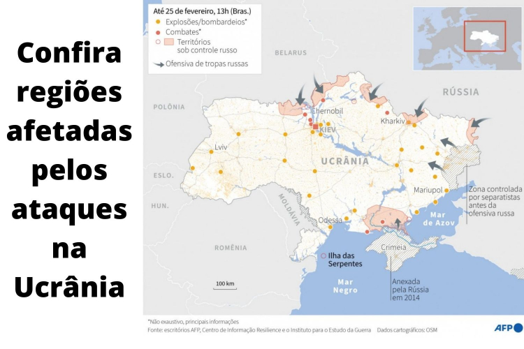 Mapa com regiões atacadas na Ucrânia