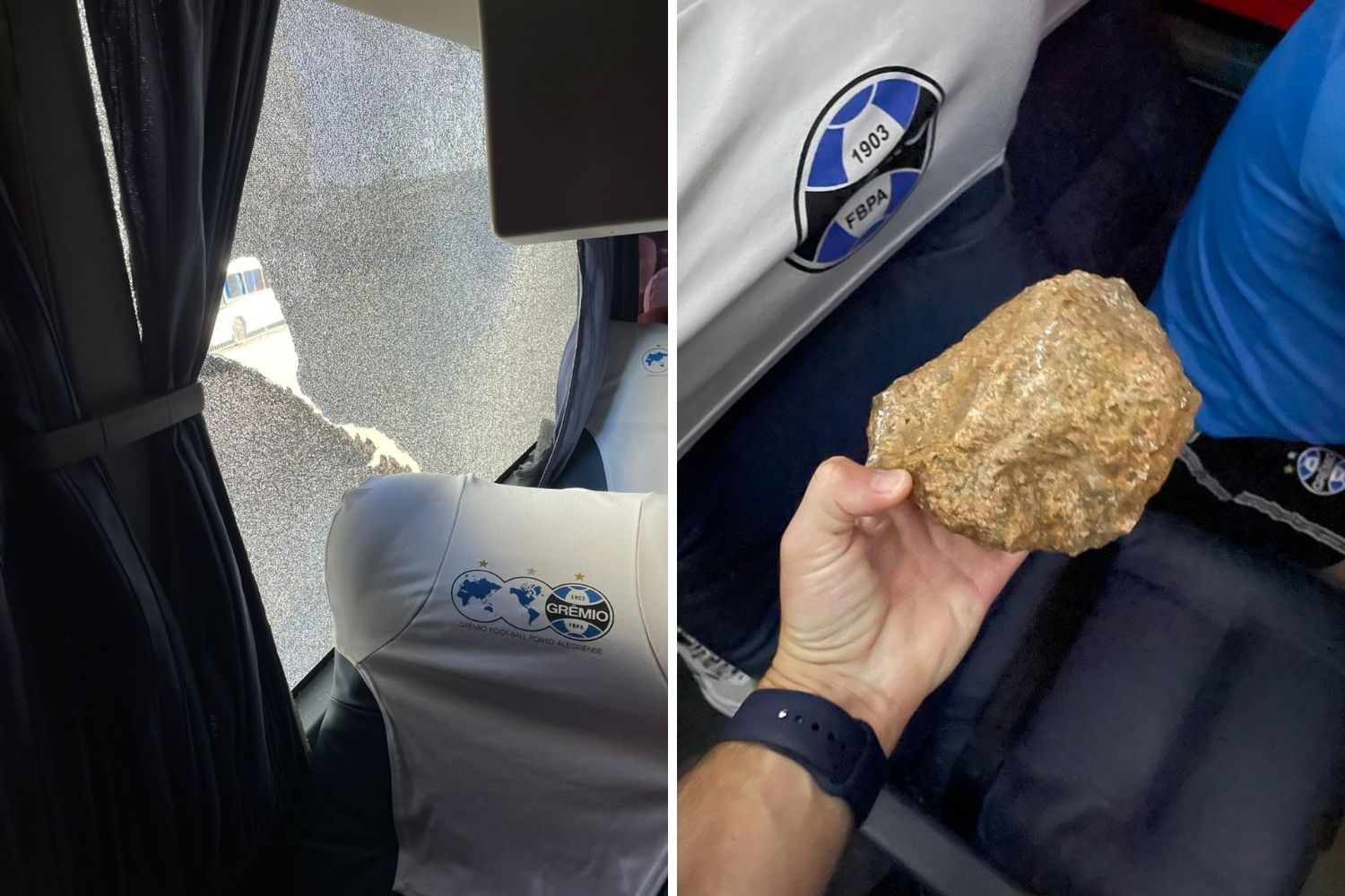 Foto de pedrada que atingiu veículo de clube de futebol