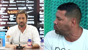 André Santos (d) criticou a diretoria do Corinthians, encabeçada por Duílio (e), por não ter um técnico após 19 dias