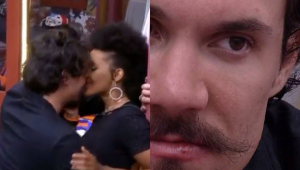 Montagem com Eliezer e Natália se beijando no quarto Grunge do 'BBB 22'; ao lado, um close no rosto de Eliezer