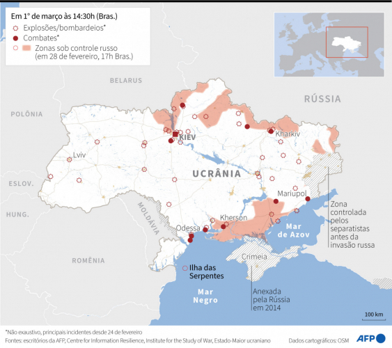 Imagem do mapa ucraniano com regiões afetadas pela invasão da Rússia