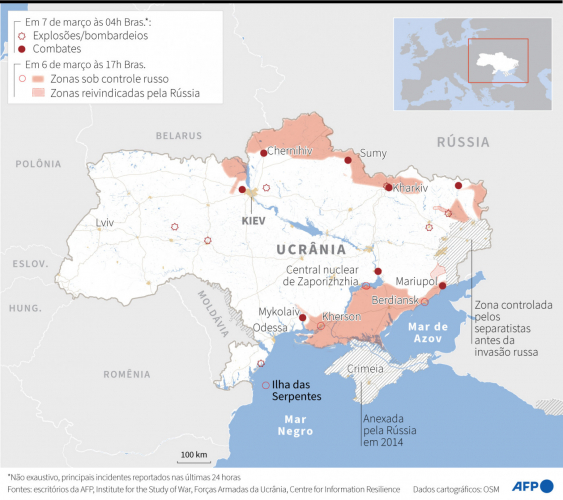 Regiões da Ucrânia afetadas por bombardeios e explosões de tropas russas