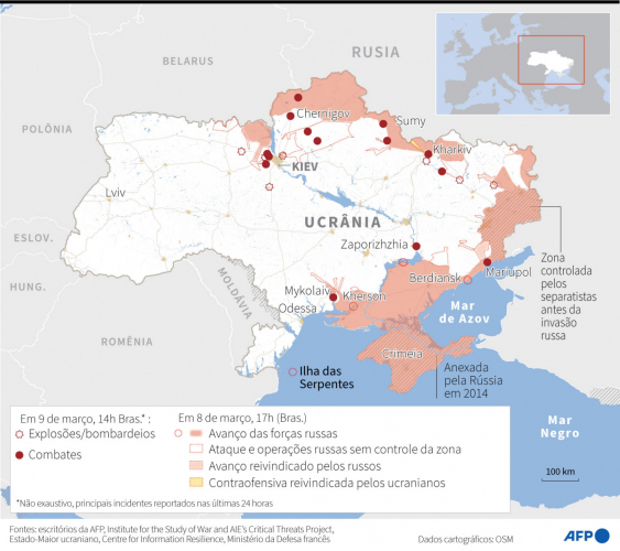 Infográfico da AFP sobre mapa da guerra na Ucrânia