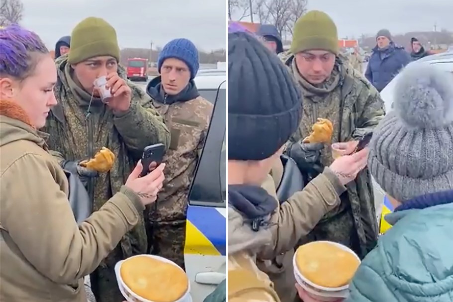 soldado ganha comida de ucranianos