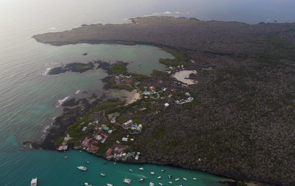 Vista aérea de Puerto Ayora na Ilha de Santa Cruz, nas Ilhas Galápagos, um arquipélago localizado a 1.000 km da costa do Equador, no Oceano Pacífico