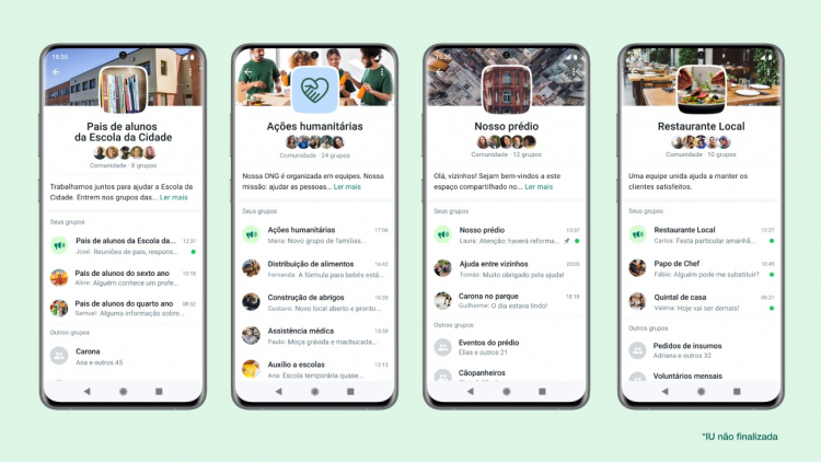 Interface do usuário da nova funcionalidade do WhatsApp, as comunidades