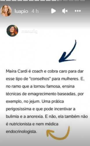 Luana Piovani compartilhou um texto para cutucar Maíra Cardi