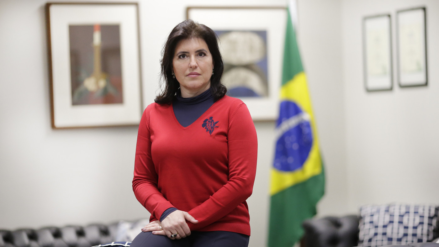 Pré- candidata emedebista à Presidência, senadora Simone Tebet (MS), durante entrevista em Brasília