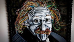 Retrato de Albert Einstein produzido a partir de sobras de lixo eletrônico, como mouses, fios e joysticks