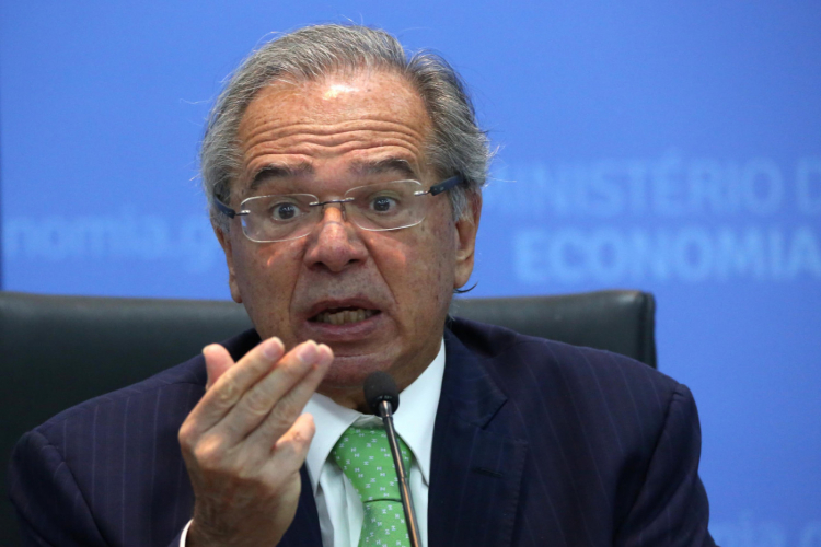 O ministro Paulo Guedes falando em evento do Ministério da Economia, em Brasília