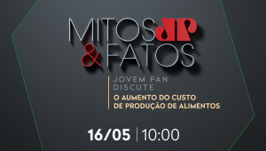 Banner do programa Mitos e Fatos, com a data (16 de maio) e o horário (10 horas)