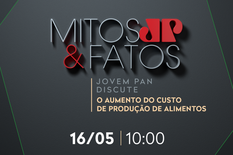 Banner do programa Mitos e Fatos, com a data (16 de maio) e o horário (10 horas)