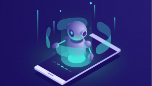 Imagem gráfica em funo azul com robô saindo de um celular