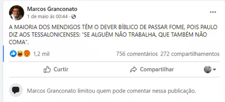 Pastor afirmou que moradores em situação de rua não merecem se alimentar
