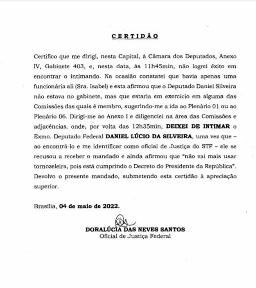 Documento oficial da Justiça sobre o deputado federal Daniel Siqueira se recusar a receber intimação para uso da tornozeleira eletrônica