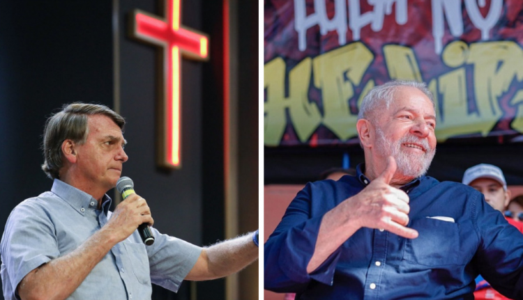 Montagem mostra Jair Bolsonaro à esquerda, de camisa, em uma igreja com uma cruz no alto, e Lula à direita, em rfenet a um muro pichado, fazendo sinal de 