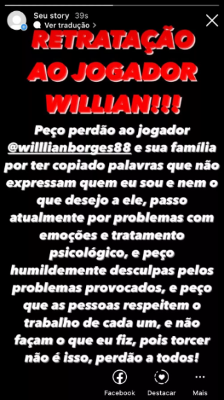 pedido de desculpas a Willian