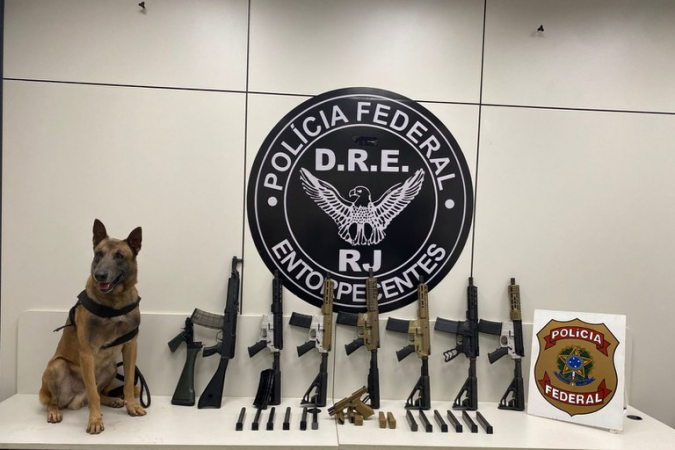 Sete fuzis são mostrados pela Polícia Federal, ao lado de carregadores e de cão farejador Apollo