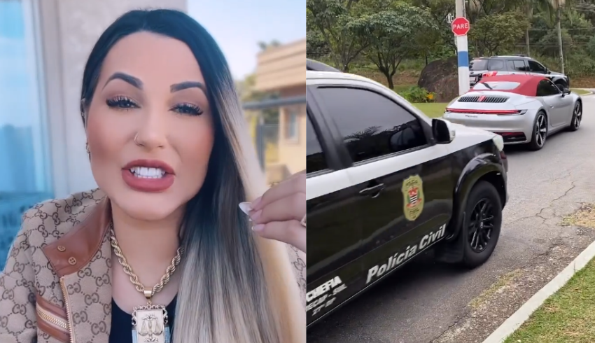 Montagem com Deolane Bezerra e polícia apreendendo seu carro