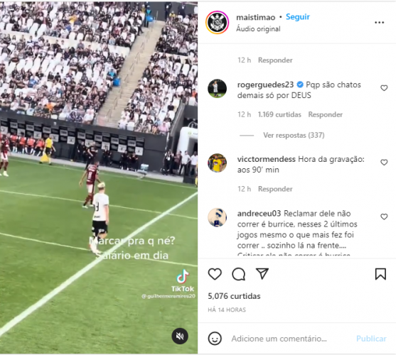Róger Guedes respondeu críticas de torcedores do Corinthians nas redes sociais