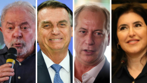 Montagem mostrando Lula à esquerda, Ciro Gomes ao centro e Bolsonaro à direita,Simone, todos eles discursando