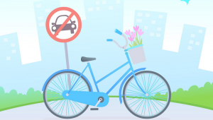 Desenho de uma bicicleta em frente a uma placa de proibido carro