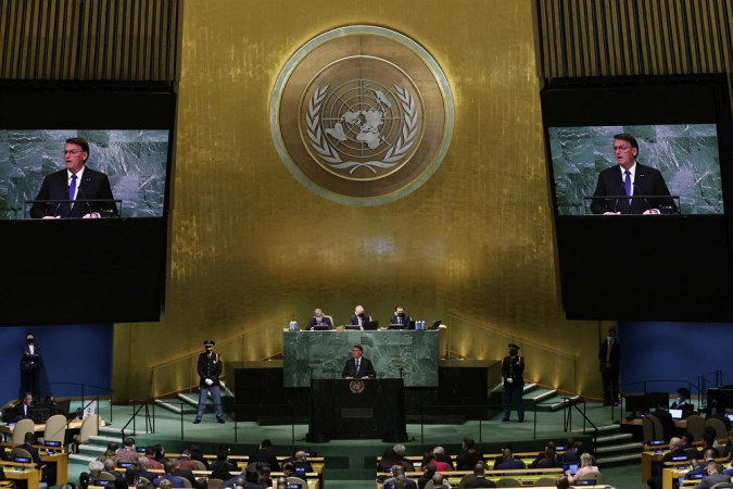 O presidente brasileiro Jair Messias Bolsonaro discursa durante o 77º Debate Geral no Salão da Assembleia Geral da Sede das Nações Unidas em Nova York