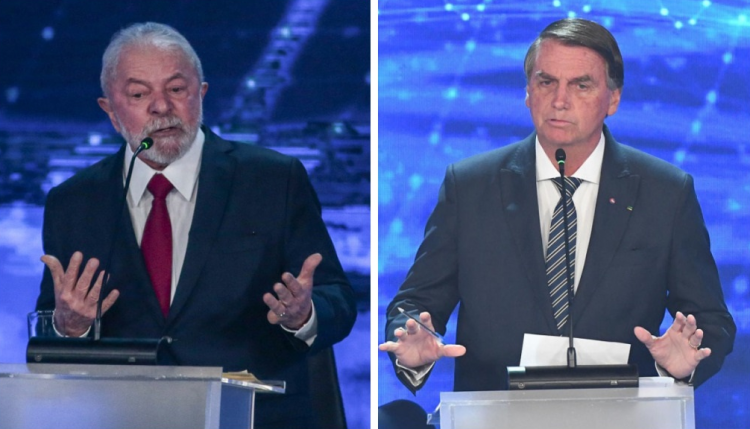 Montagem com Lula `esquerda e Bolsonaro à direita, ambos gesticulando e falando durante debate