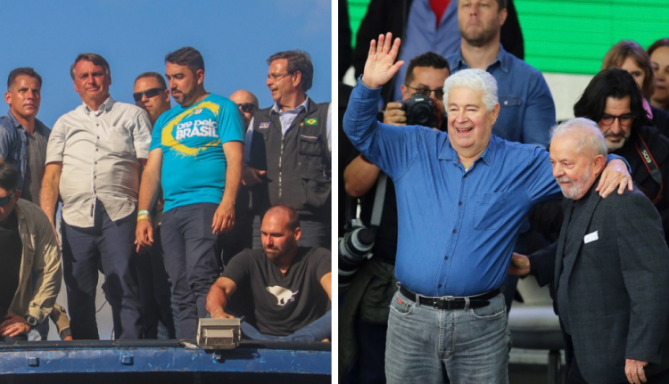 Montagem com Bolsonaro à esquerda, num palanque em Garanhus, com aliados, e Lula à direita, abraçado a Roberto Requião em comício