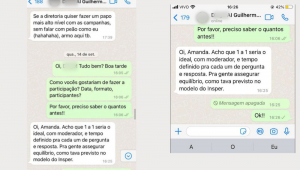 Prints de conversas de whatsapp entre a assessoria de Guilherme Boulos e a Jovem Pan