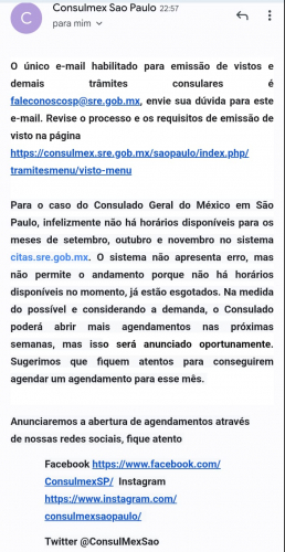 Imagem do e-mail automático do consulado mexicano 