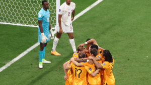Jogadores da Holanda celebram gol marcado por De Jong diante do Catar