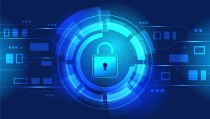 Imagem gráfica com cadeado, em fundo azul, simbolizando segurança na internet
