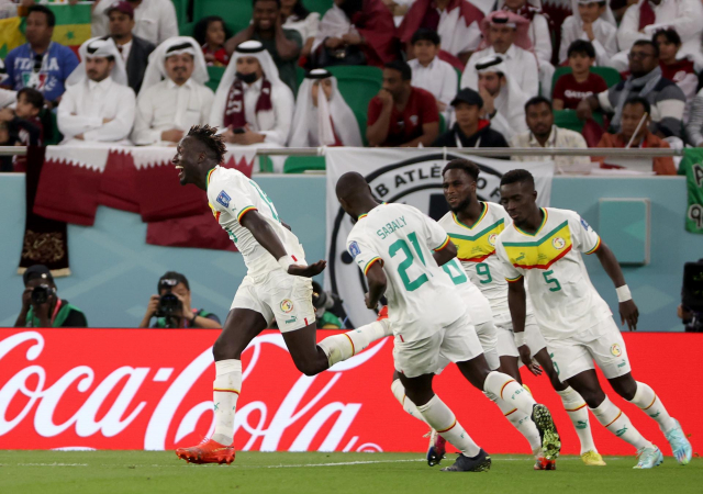 Jogadores do Senegal comemoram gol de Famara Diedhiou diante do Catar