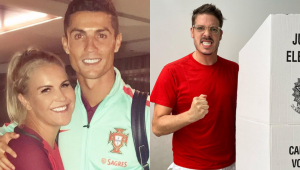 Montagem com Katia Aveiro e Cristiano Ronaldo de um lado e Fábio Porchat do outro