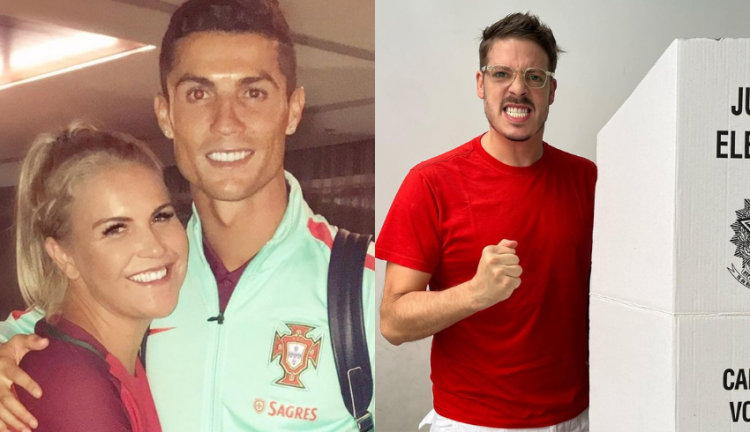 Montagem com Katia Aveiro e Cristiano Ronaldo de um lado e Fábio Porchat do outro