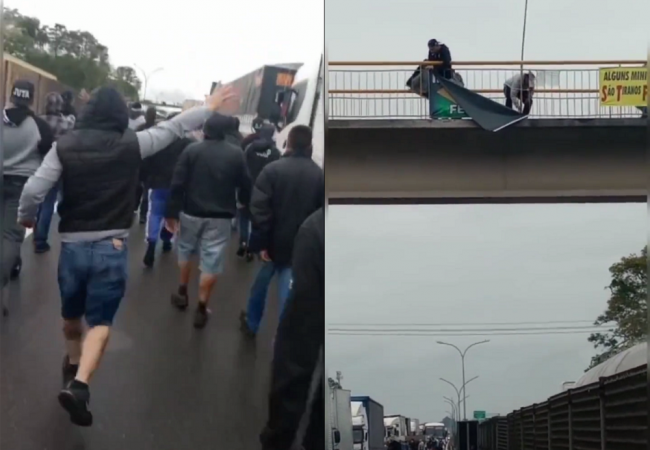 Montagem com dois frames, uma à esquerda mostrando torcedores caminhando em meio a protesto na Dutra; a outra. à direita, com integrantes da Gaviões retirando faixas de um viaduto