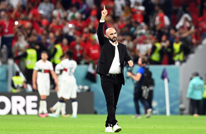 Walid Regragui comemora vitória de Marrocos contra Portugal. pelas quartas de final da Copa do Mundo 2022