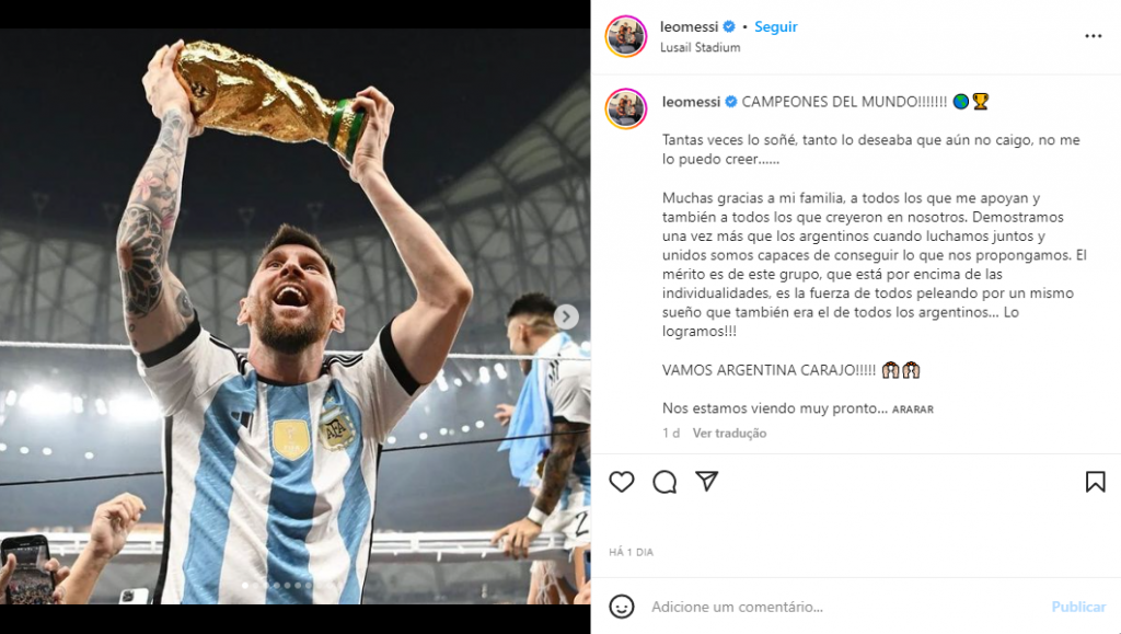 Post de Messi com a taça da Copa é o segundo mais curtido do Instagram