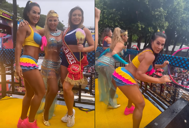 Scheila Carvalho e Sheila Mello foram convidadas por Carla Perez para participarem de bloco que homenageou o grupo É o Tchan