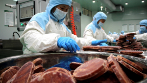 trabalhadores embalando bife congelado para exportação em uma fábrica de processamento de carne bovina em Binzhou, na província de Shandong, leste da China