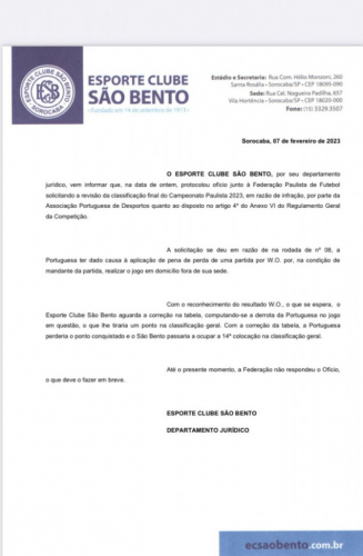 São Bento denunciou a Portuguesa na FPF